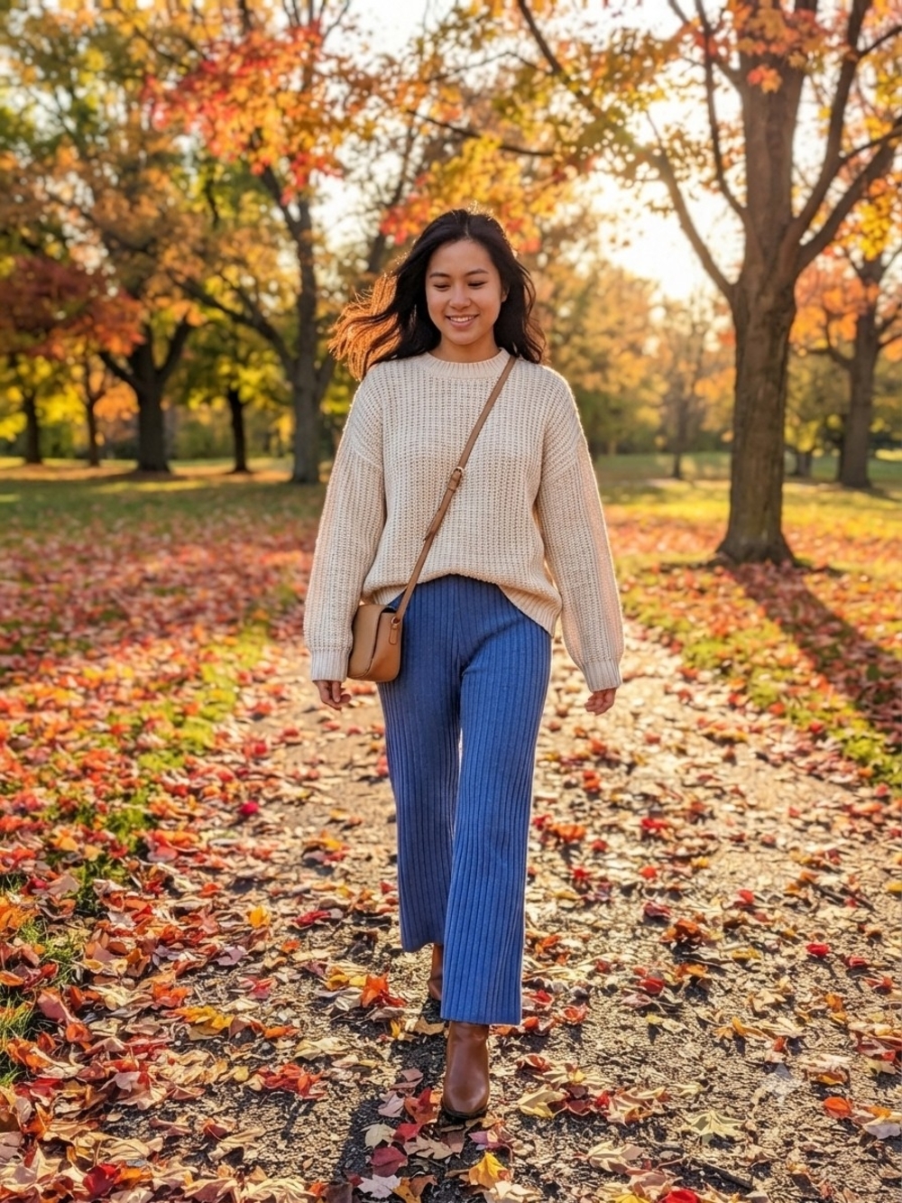 Woven Ribbed Wide-Leg Pants in Blue